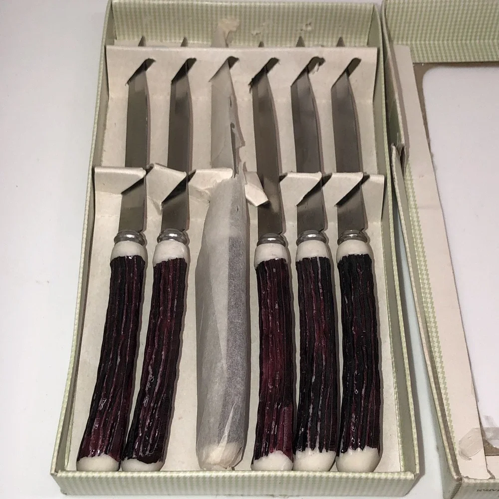 6 Piece Stainless Steel Steak Knives Hollow Ground Vintage Original Box Japan